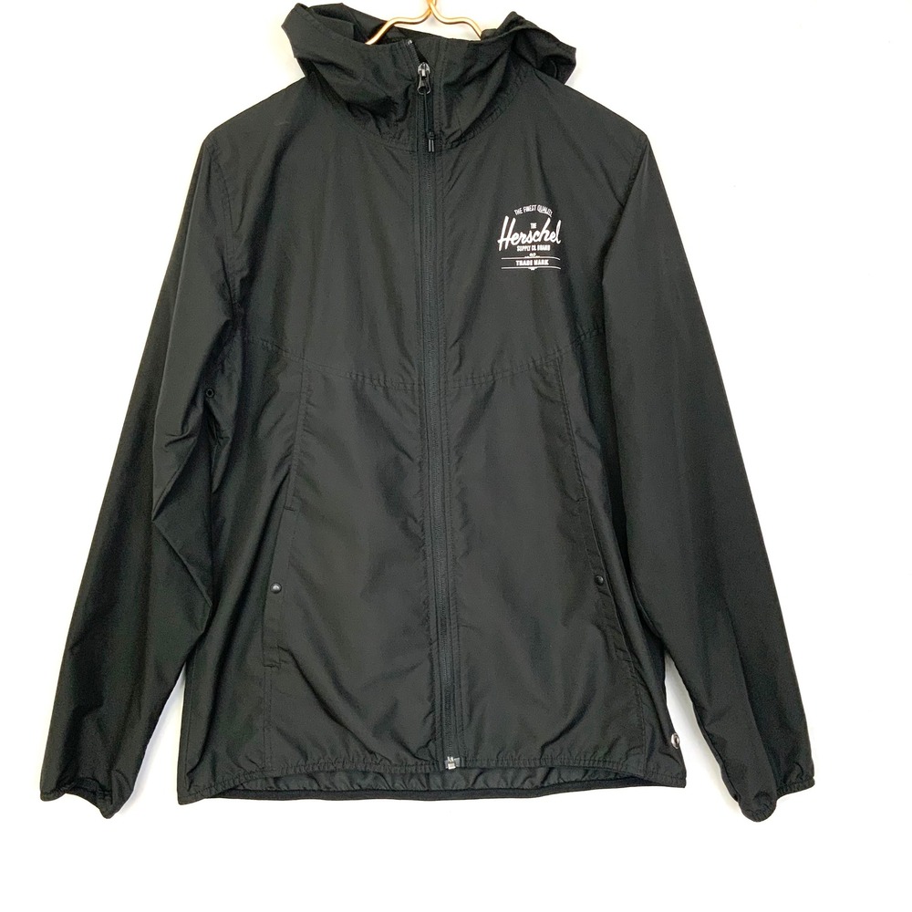 Herschel Supply Co. Sz Large Black Voyage Windbreaker Jacket Hood Packable Logo